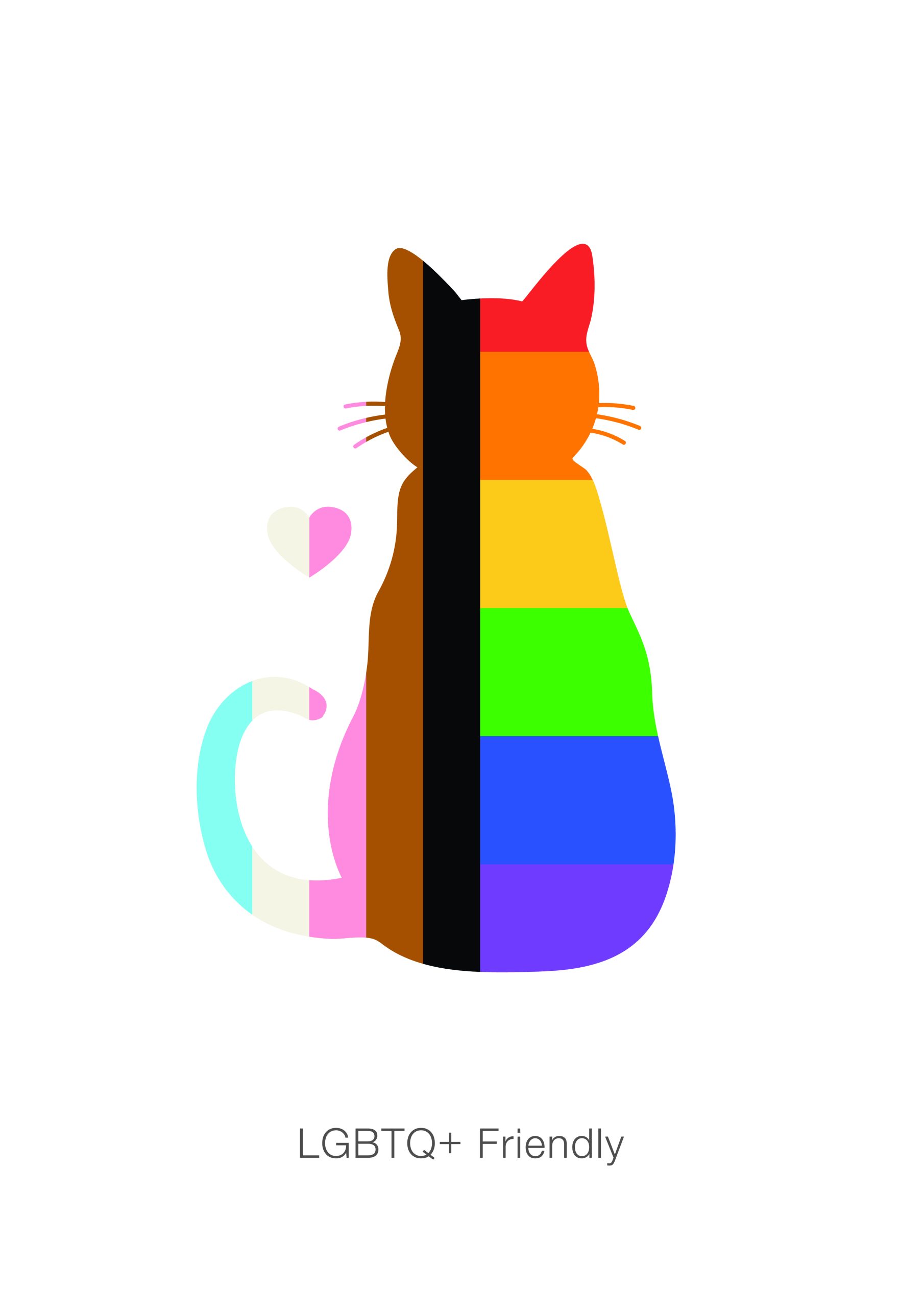 Silhouette of a cat with a rainbow pride flag masked on top. Text saying 'LGBTIQI+ friendly'.